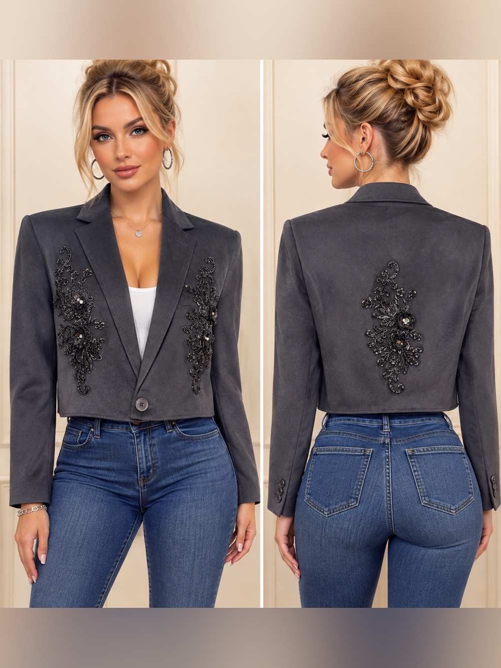 Upcycled Embellished black Cropped velvet Blazer Jacket size L/XL